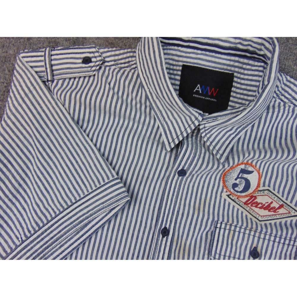 AMW Shirt‎ Mens XL White Blue Striped Patch Epaulet Casual Button Up Streetwear